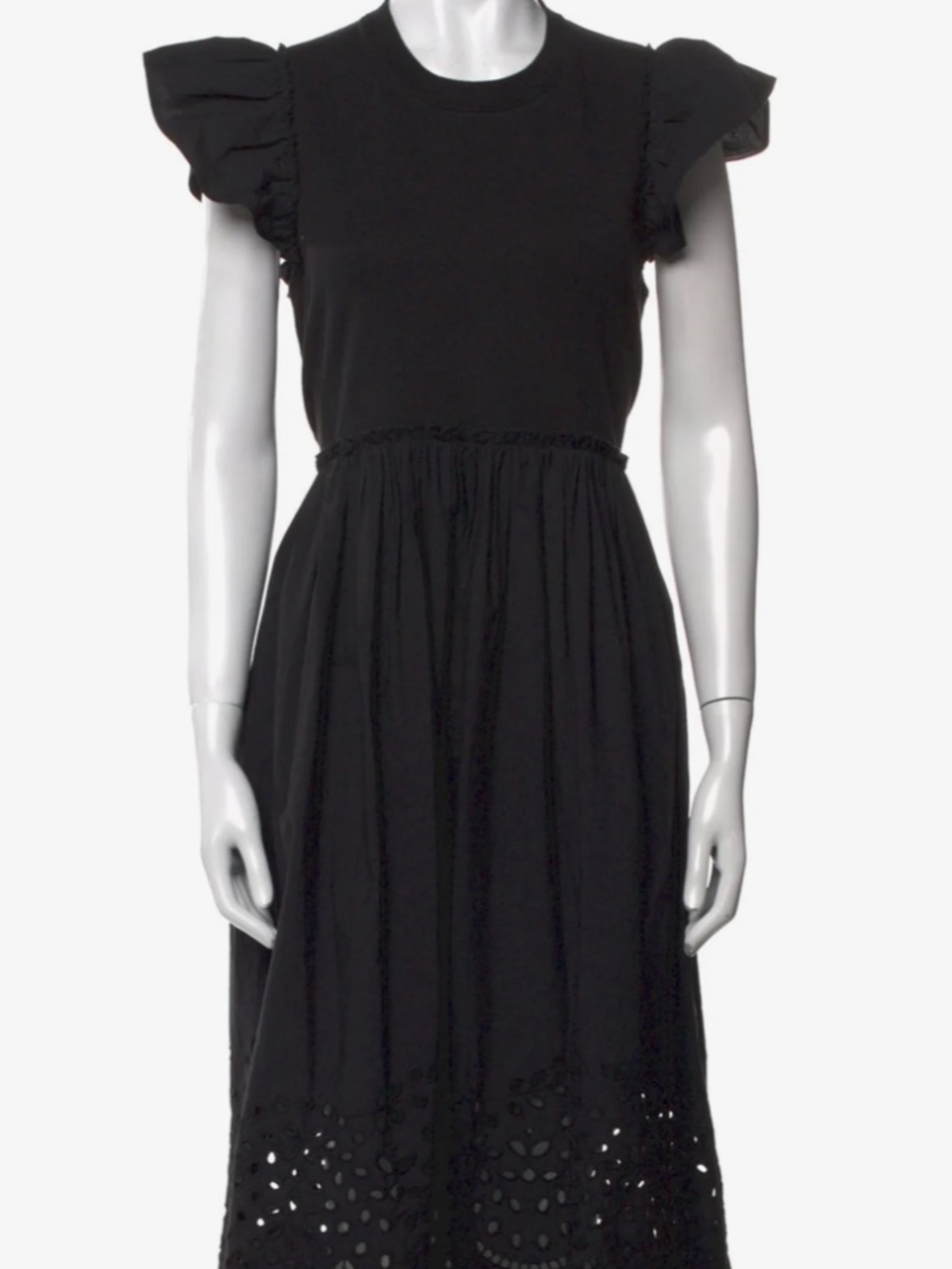 Tanya Taylor Midi Dress Black "Faye" : eyelet, ruffle sleeves Size Large